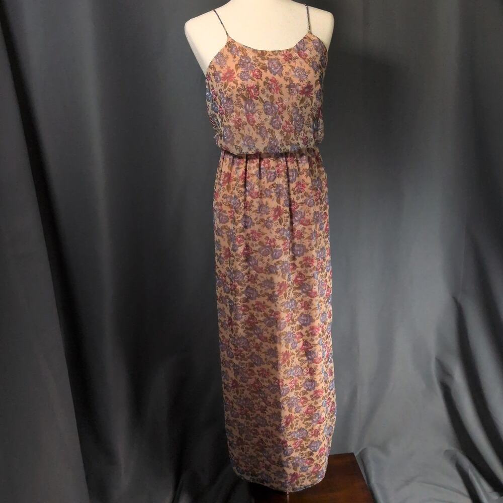 Vintage 1970s Blouson Sleeveless Pastel Zip Back Floral Maxi Long Dress XS/S